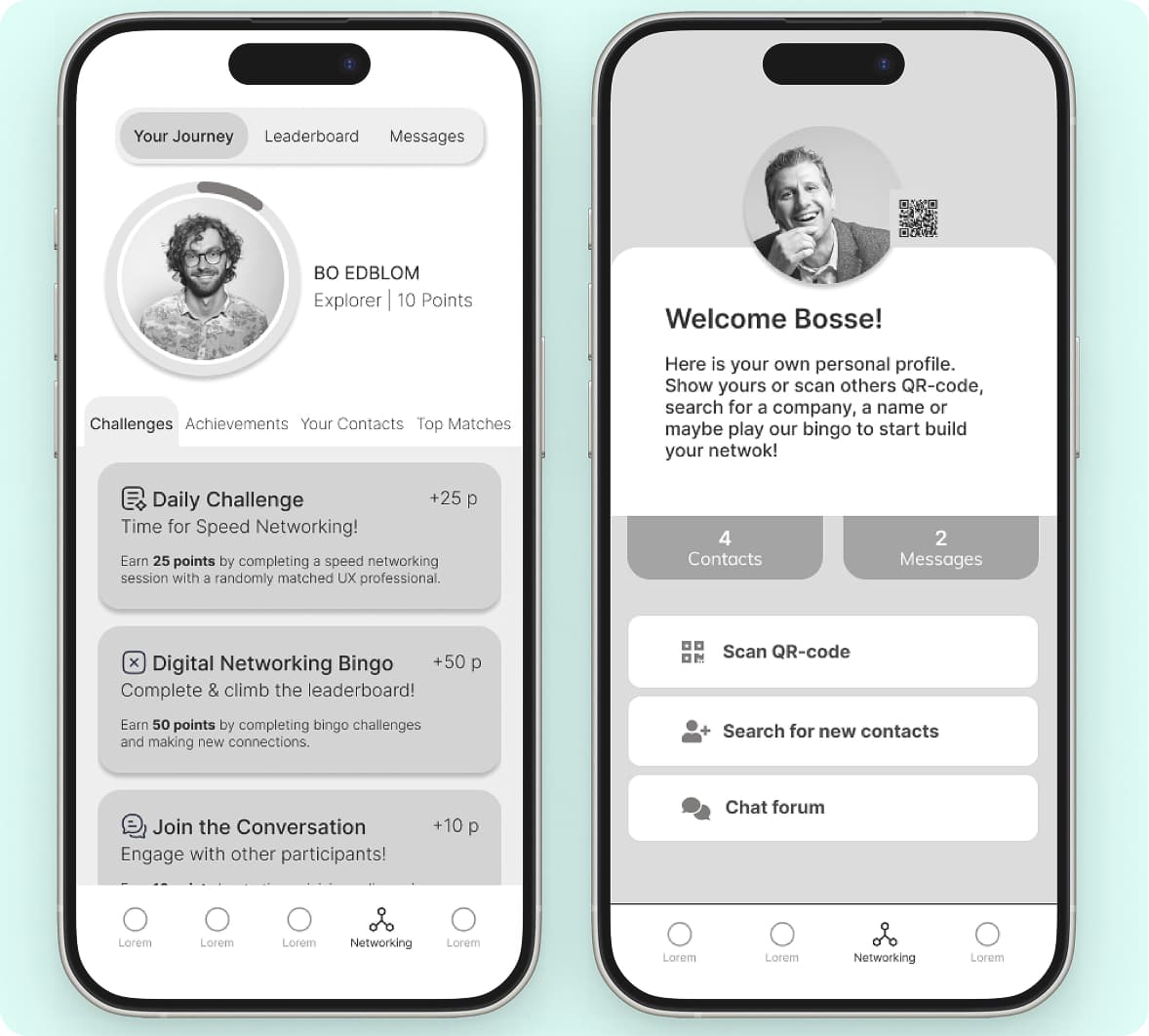 Two SXC mobile concept directions, one gamified and one more direct